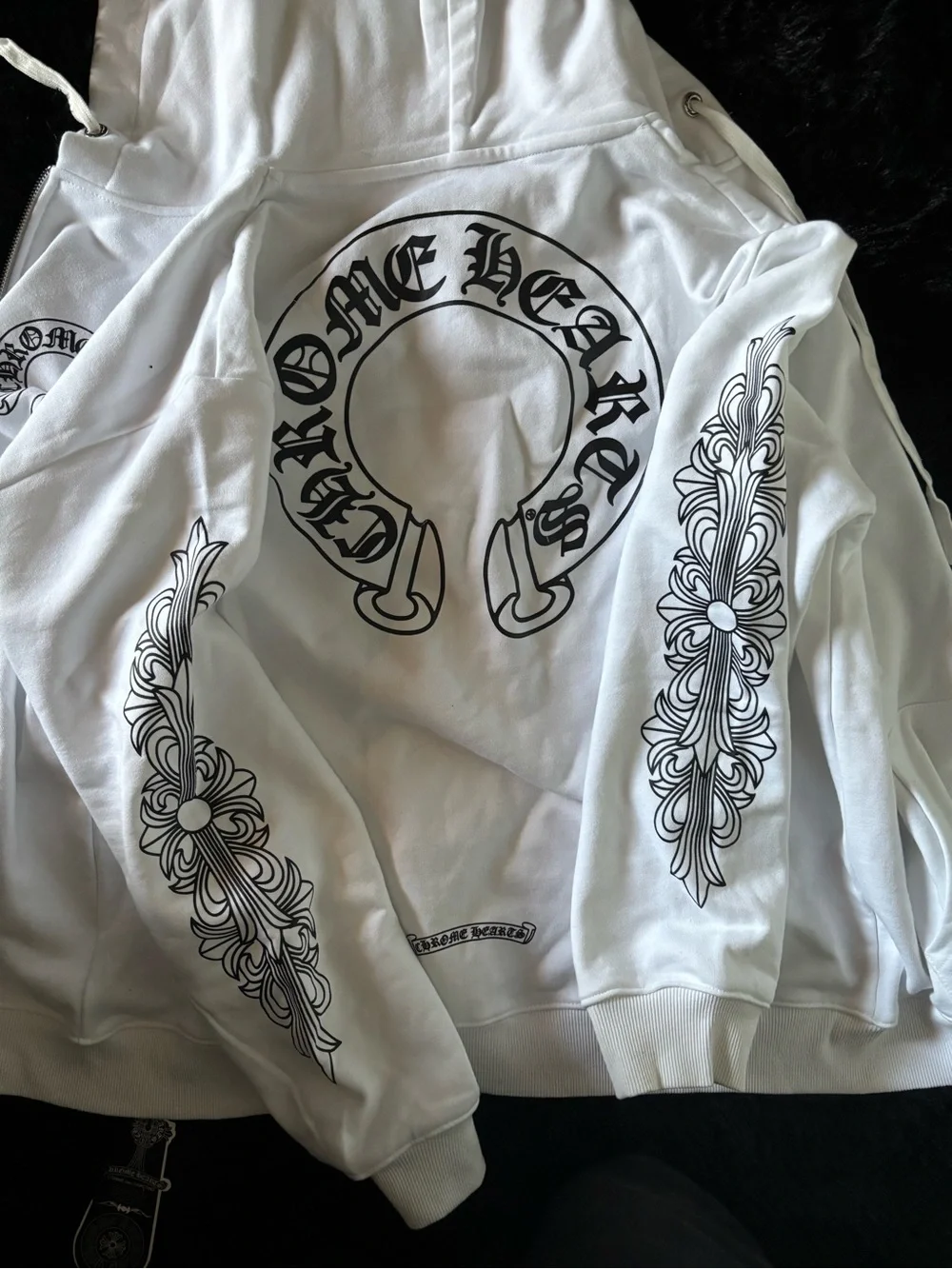 Chrome Hearts White Mens Zip Hoodie with Black Graphic
